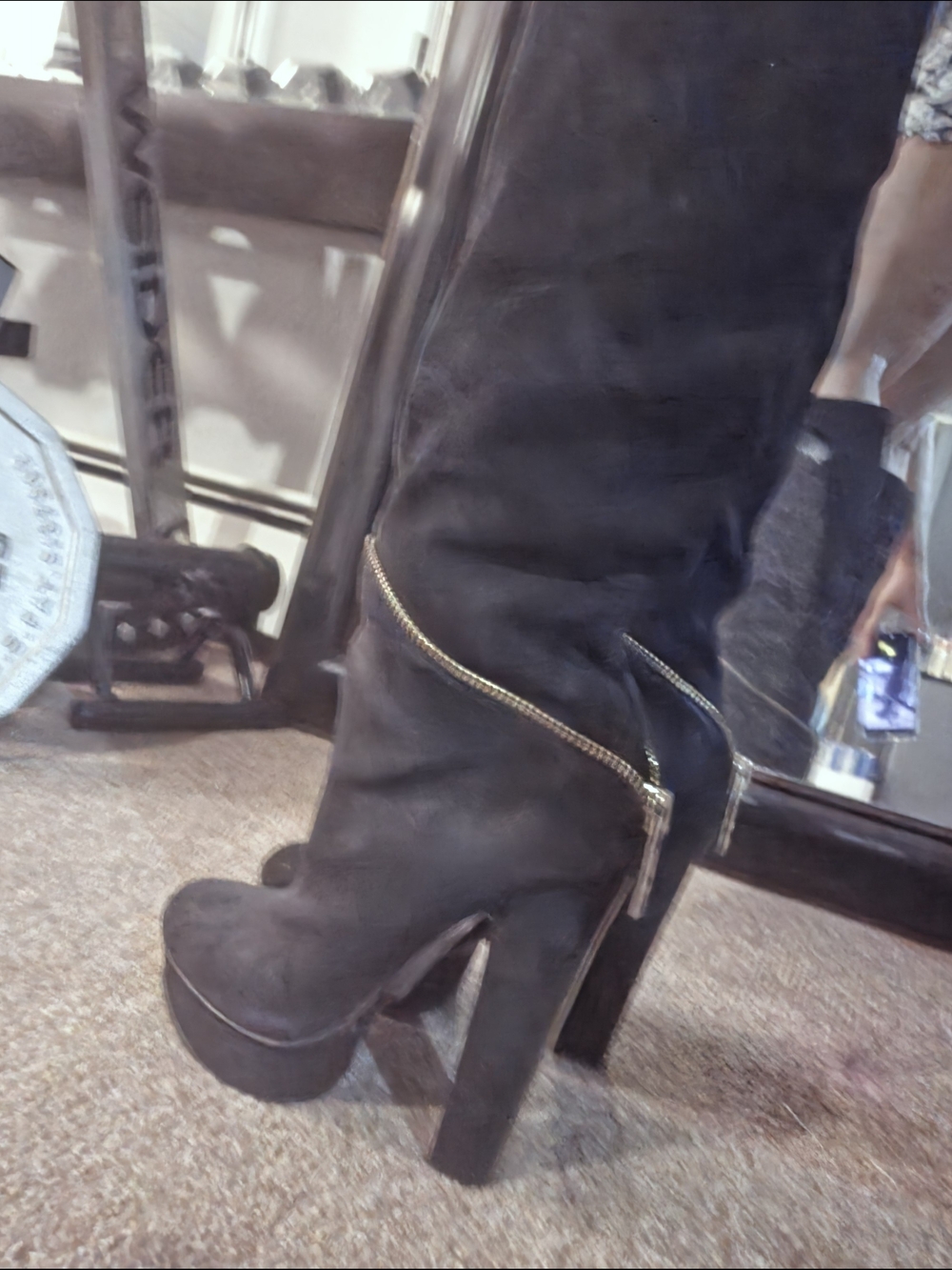 Women's Black Suede High-Heel Knee Boot with Gold Zip - Picture 3 of 7